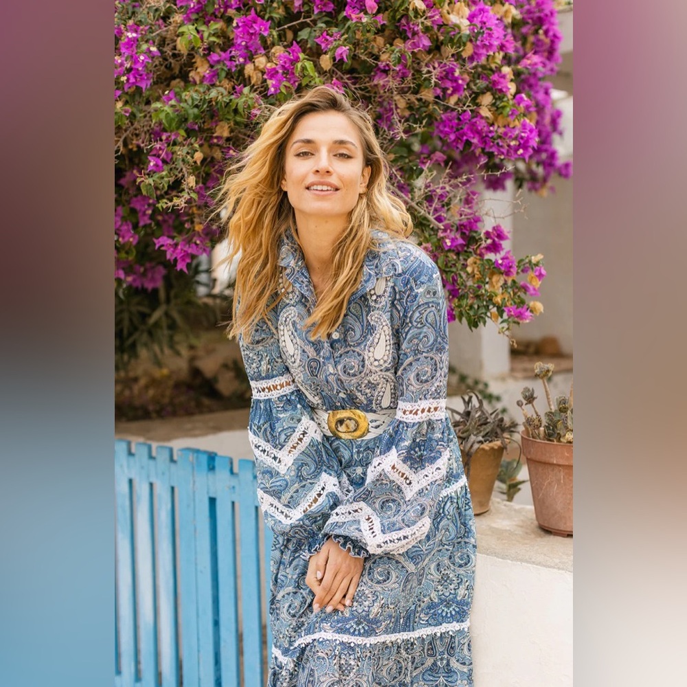 Miss June Paris Kiara blue paisley crochet maxi shirt dress